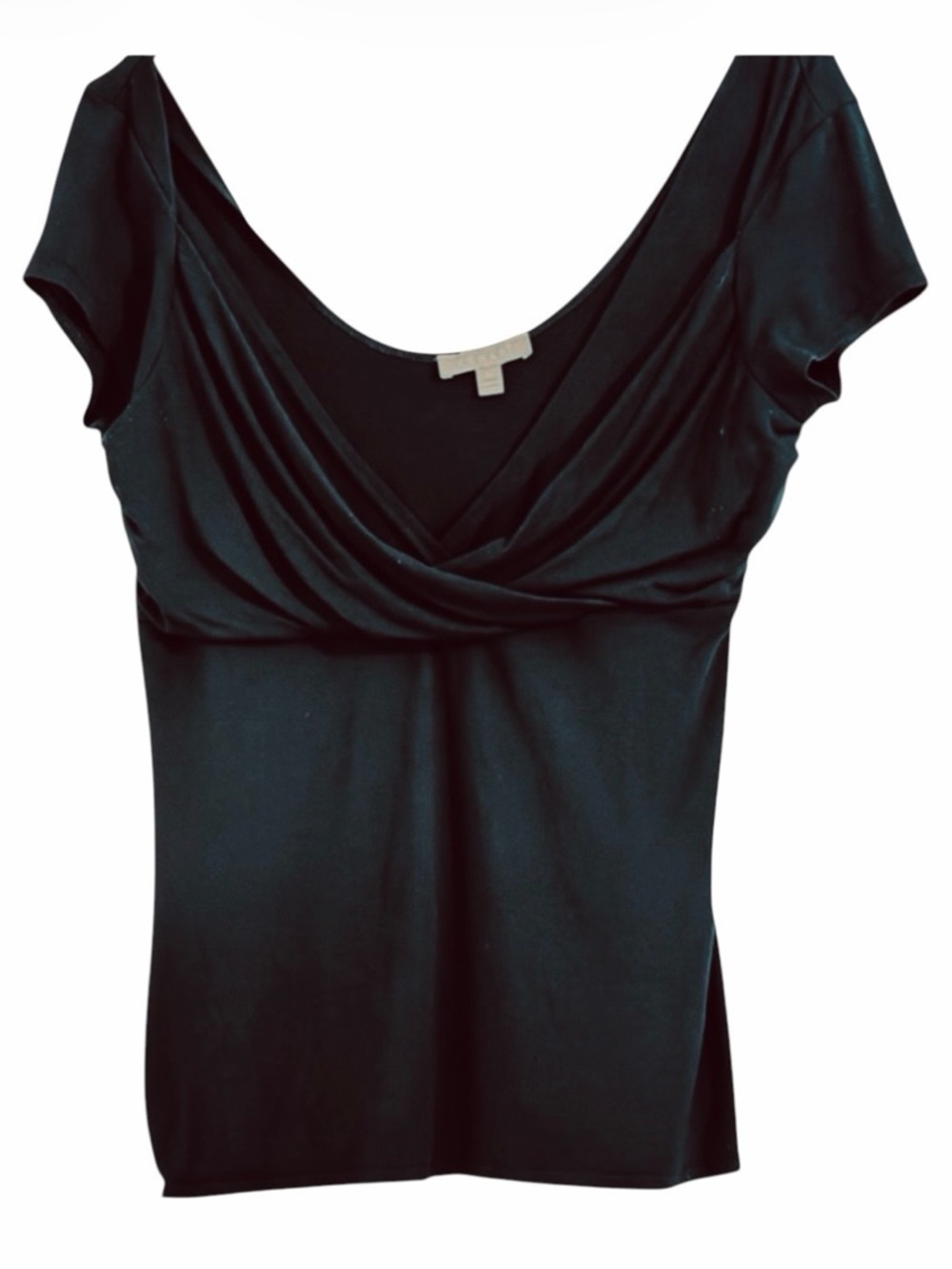 KENAR Black Ruched Cross Front Top Cap Sleeve V-Neck Top Size Medium
